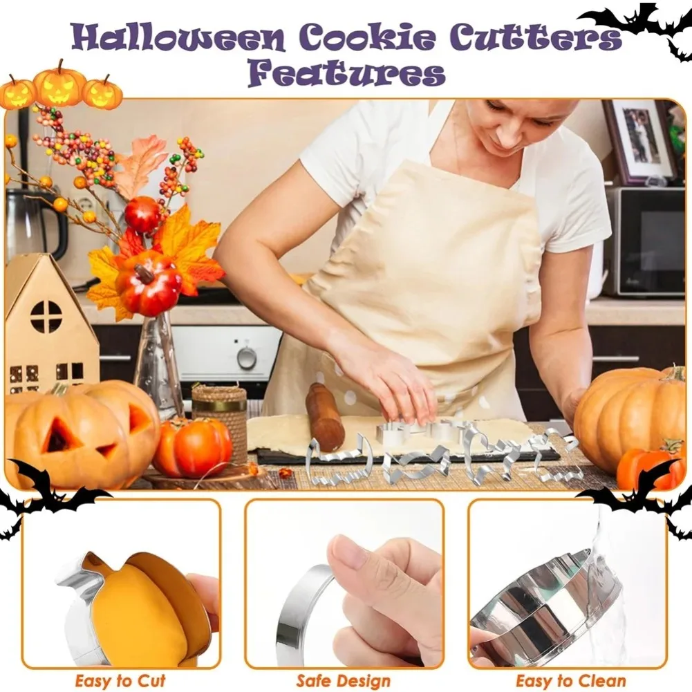 12PCS Halloween Cookie Cutter Stainless Steel Cartoon Cookie Mold Pumpkin Bat Ghost Spider Web Baking Molds Kitchen Baking Tools