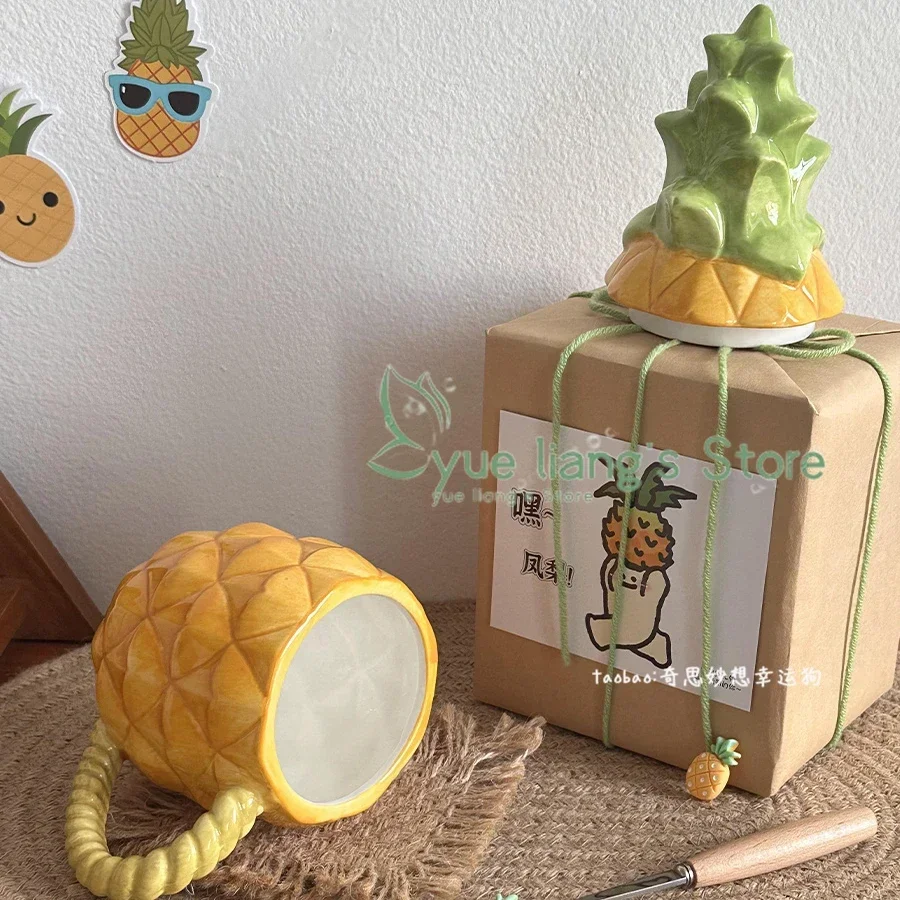 مج سيراميك بغطاء ، أكواب هاواي الإبداعية ، كوب تيكي مضحك ، على شكل أناناس ، إكسسوارات مطبخ بار ، المنزل والحفلات