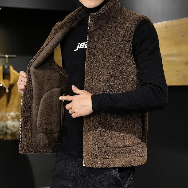 Double-sided Jacket Vest For Men Winter Lamb Wool Coat Sleeveless Waistcoat Warm Fashion Casual Gilet Male Jacket High Quality