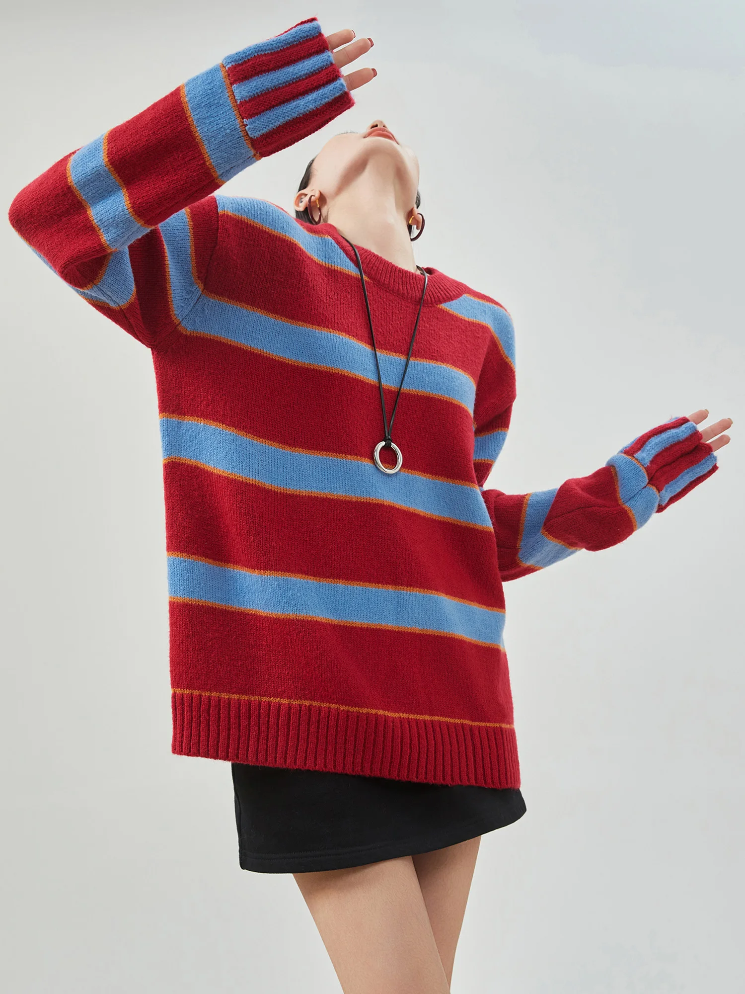

Retro American Striped round Ne Knitted Sweater Women's Spring New Sle Thi Needle Overhead Knitted Top