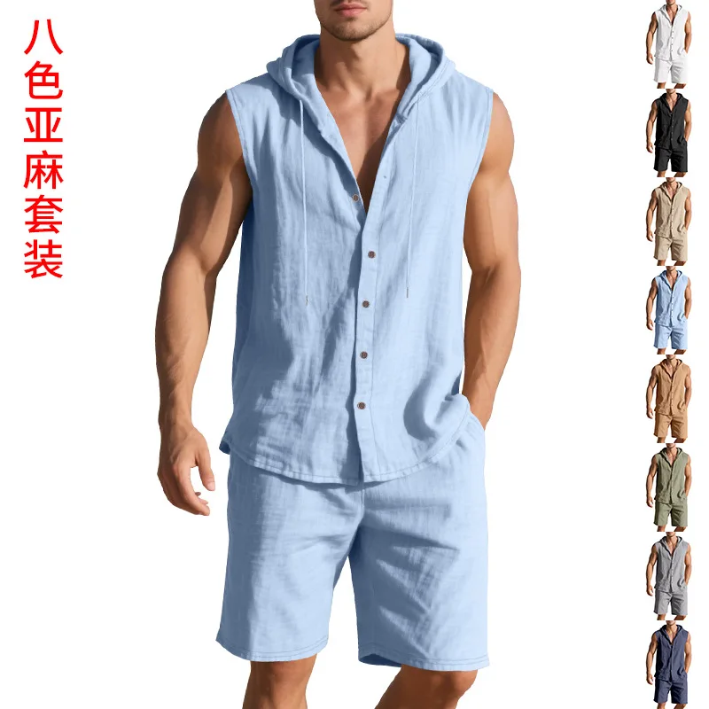 

Cotton Linen Summer Two-piece Set Men's Loose Casual Simple Hooded Sleeveless Shirt & Shorts Set