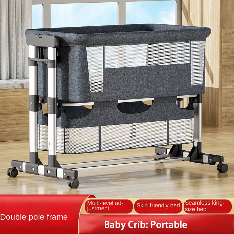 Baby Crib Portable Foldable Height-Adjustable, Removable, and Washable Baby Crib for Newborns with Wheels and Storage Basket