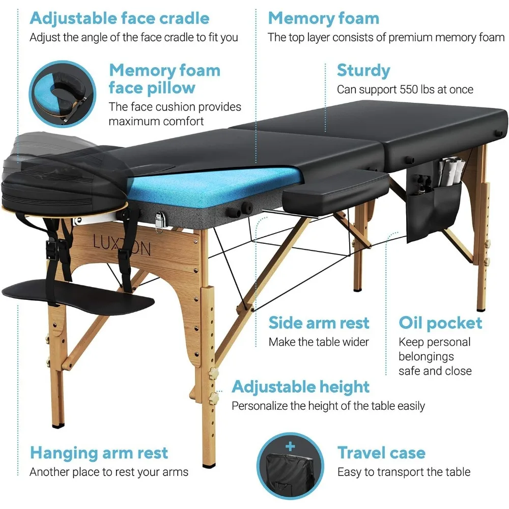 Cama de masaje, mesa de masaje de espuma viscoelástica Premium, fácil de configurar, plegable y portátil con estuche de transporte