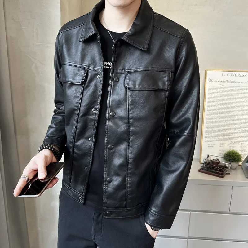 

Мужская кожаная куртка Slim Fit 2025: Модная мотоциклетная куртка в корейском стиле, осенняя верхняя одежда с воротником-стойкой