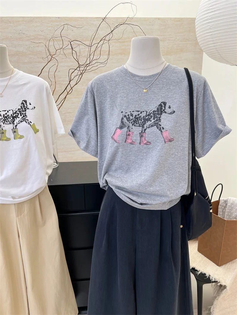 

Korean Style Summer Short Sleeve T-Shirt Women's Fun Cartoon Dog Print Simple Design Cotton Blend Comfortable Fit round Neck