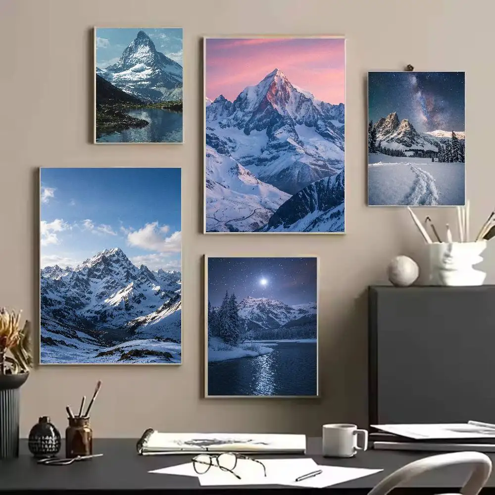 Dreamy Snow Mountain Poster Snow Peak Starry Sky Quiet Lake Dusk Misty Mountain Nature Peaceful Surreal Dream Decor Poster