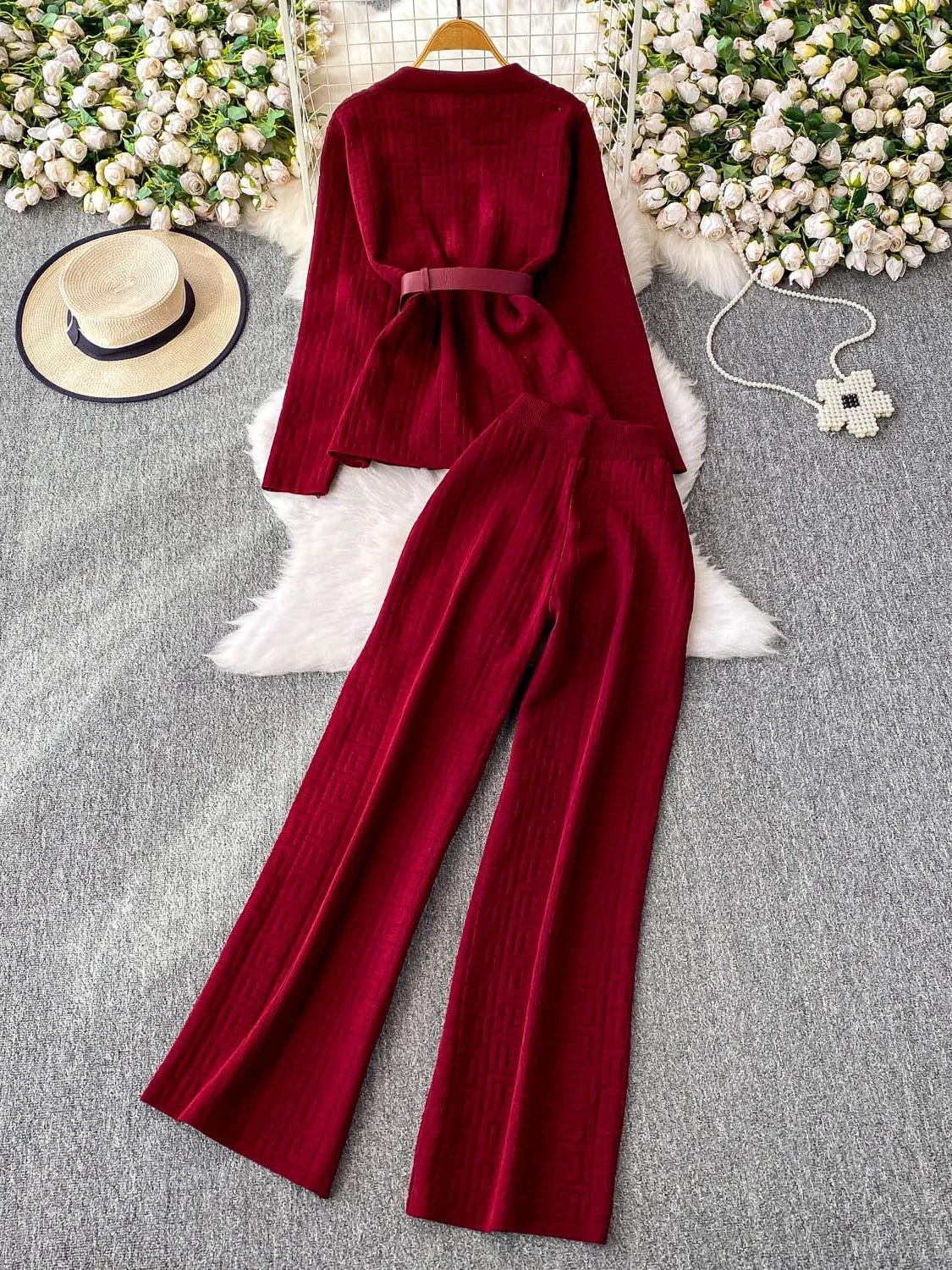 Modny dzianinowy komplet z wzorem labiryntu, dopasowany do talii, żakiet z długimi spodniami z wysokim stanem dla kobiet, idealny na jesień i czas wolny.