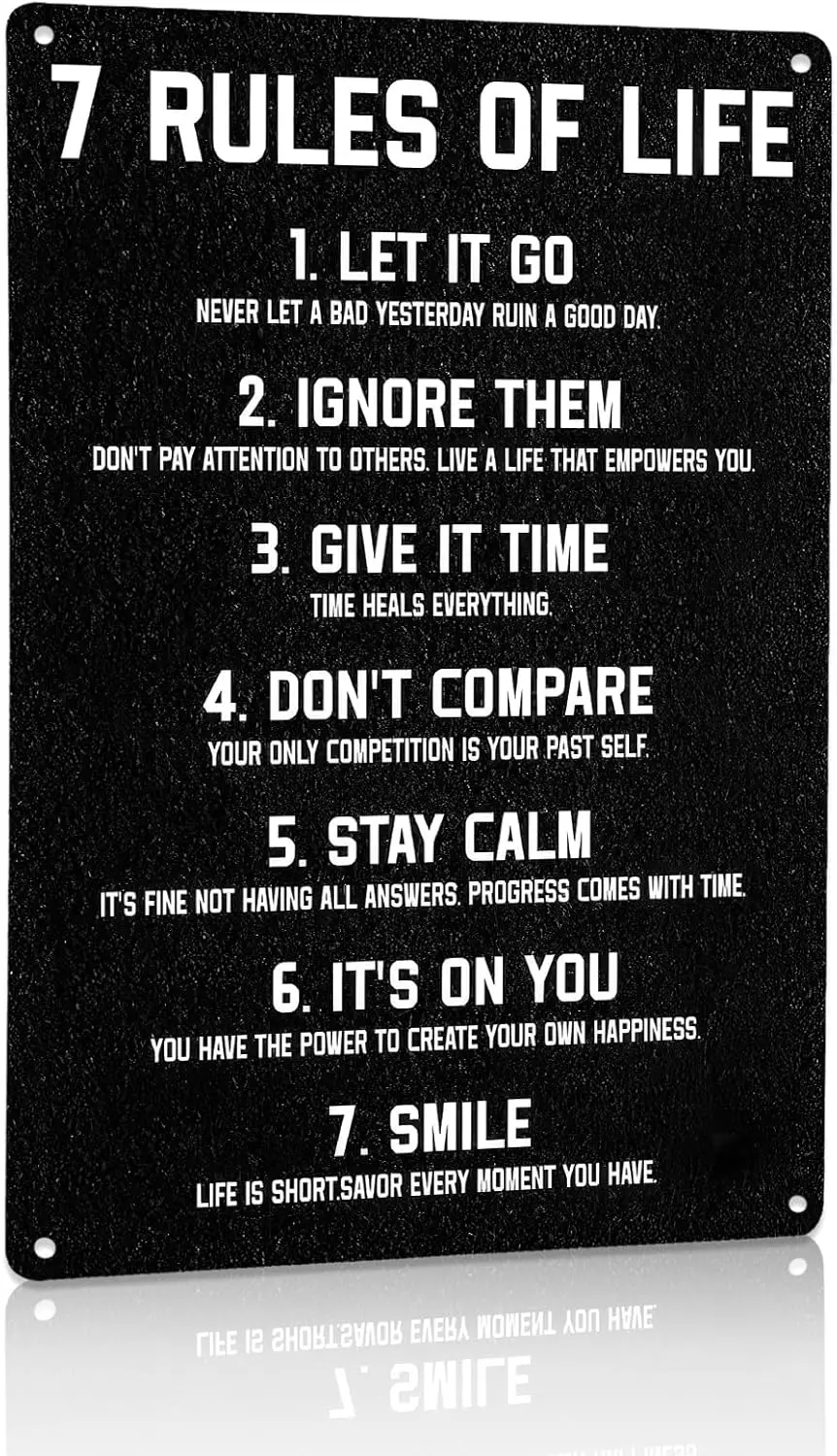 Tin Metal Sign, 7 Rules of Life Quote, , Black, Rustic, Wall Mount, Home, Bedroom, Garden, Outdoor-aluminum sign