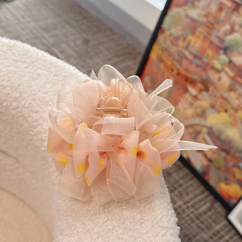 11cm-ピンクの水玉模様のチュールヘアクロー、女性用、甘い花柄のシャーククリップ、エレガントなバックヘッドヘアグラブ、ファッションヘアアクセサリー