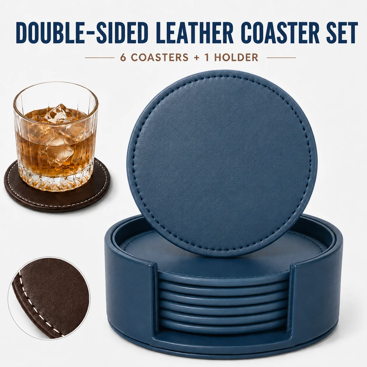 Double Sided Leather Drink Coaster Set of 6 Neat Stitching Heat Resistant Coffee Cup Mat Easy Clean Wooden Table Accessories
