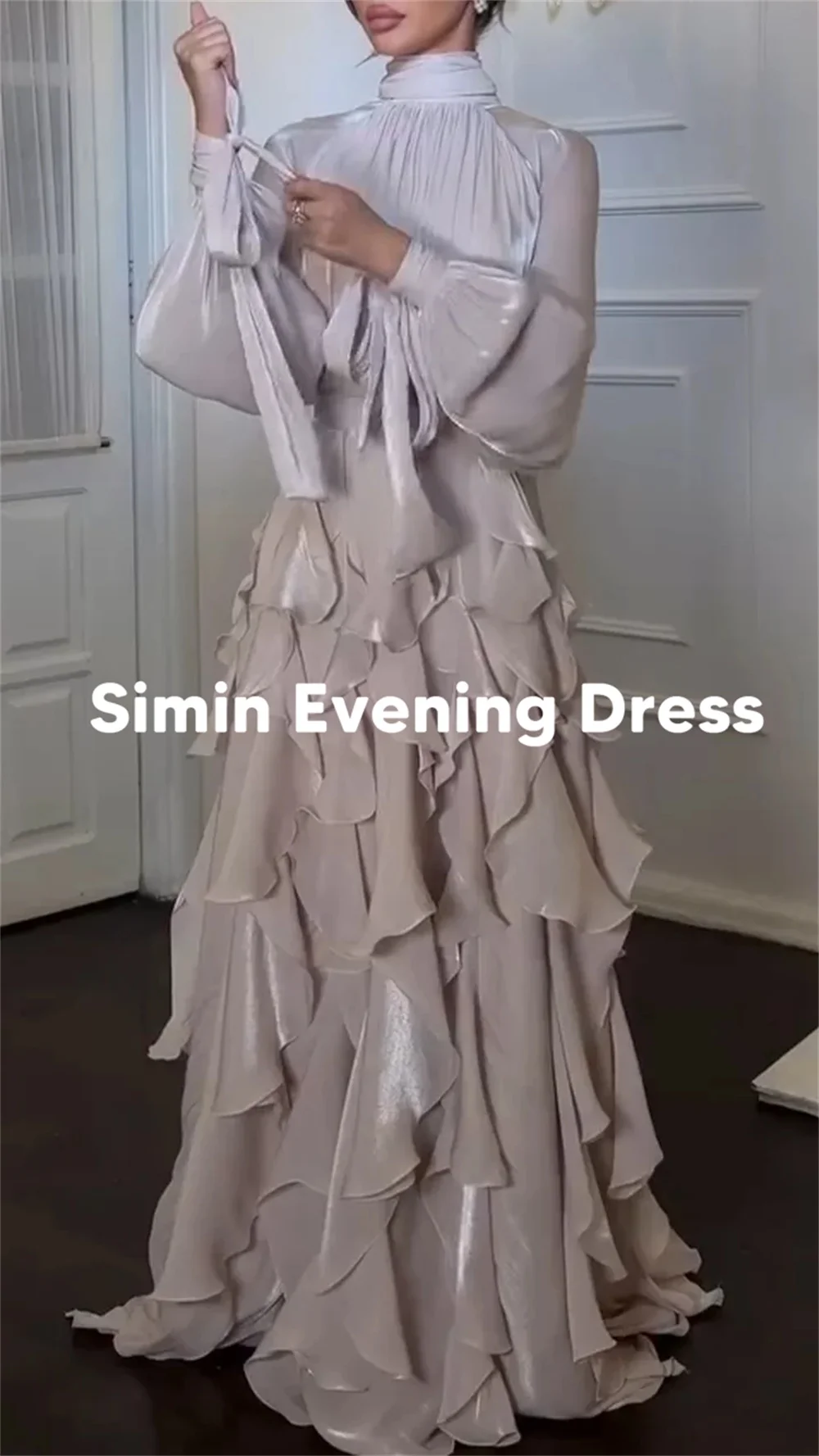 فساتين سهرة نسائية من Simin مخصصة برقبة عالية وكشكشة على شكل حرف A وأكمام طويلة بطول الأرض فساتين أنيقة 2025 #3