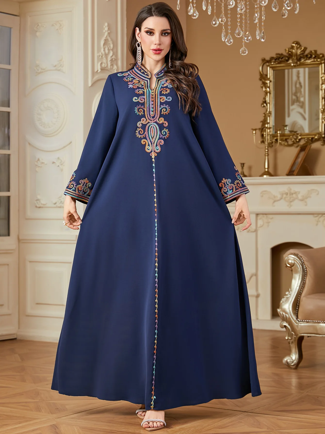

Ramadan Muslim Women Maxi Dress Embroidery Abaya Dubai Kaftan Eid Djellaba Islam Jalabiya Femme Musulmane Vestidos Caftan Gown
