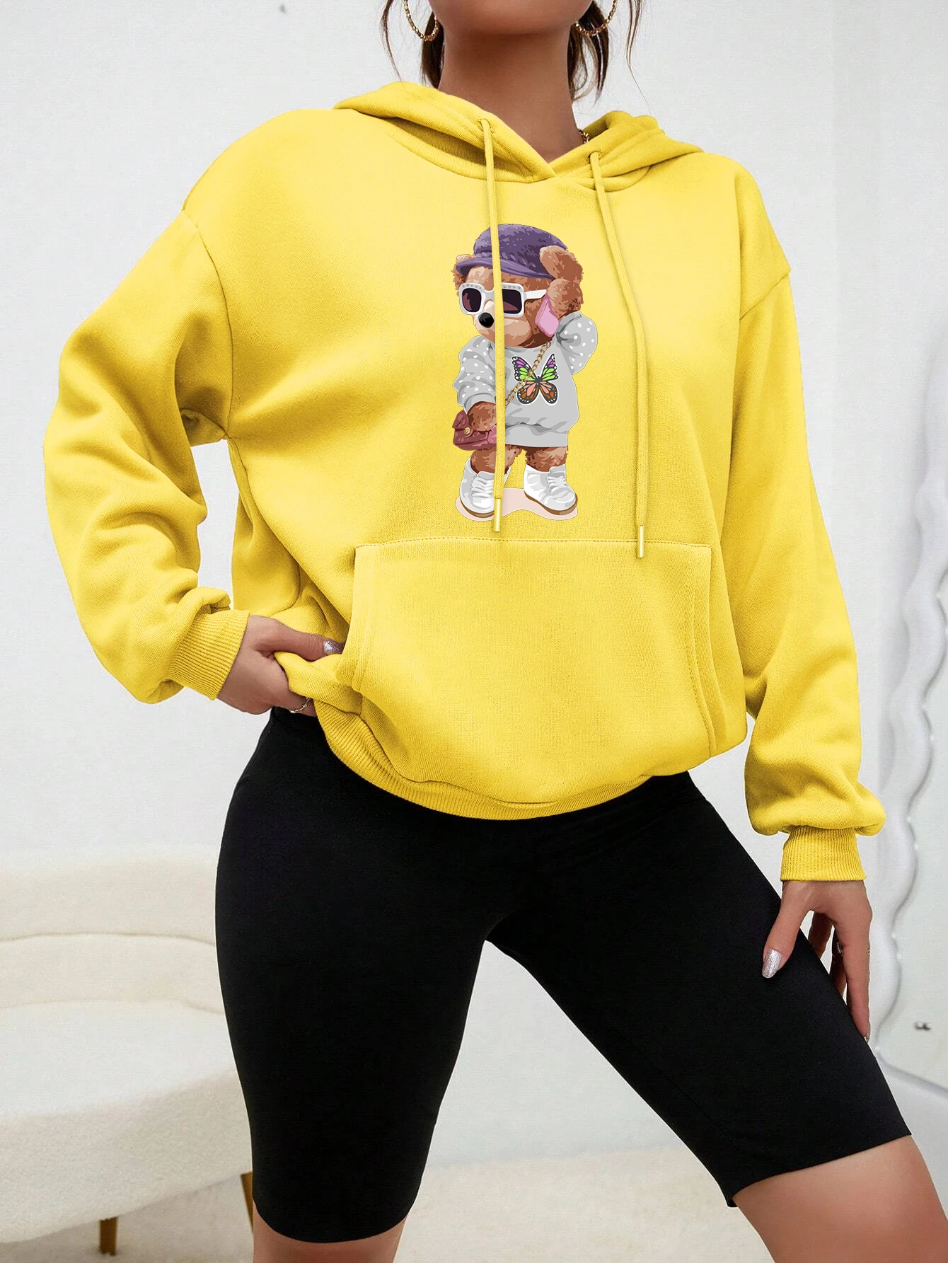 Stylish Teddy Bear Girl Cute Printing Hoody Women Cartoon Comfortable Hoodies New Fleece Streetwear Casual Female Pullovers