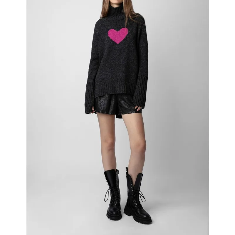 ZV Knitted Sweater Classic High Neck, Short Front, Long Back, Love Heart Sweater, Cashmere Pullovers 2024 Winter France, Niche