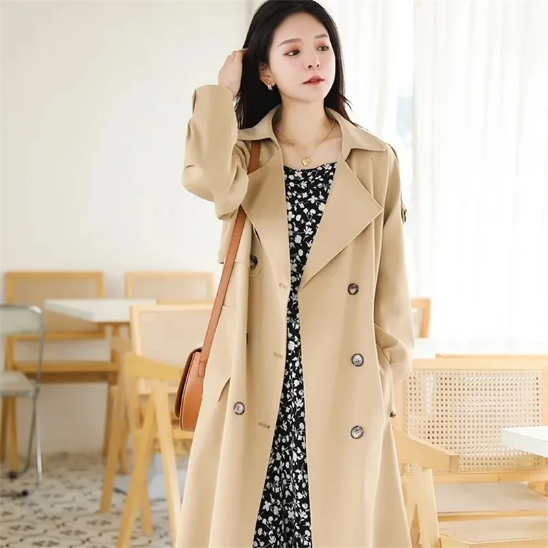 Solto retros duplo breasted preto cáqui blusão feminino 2025 outono design de moda vintage túnica faixas casual casaco longo