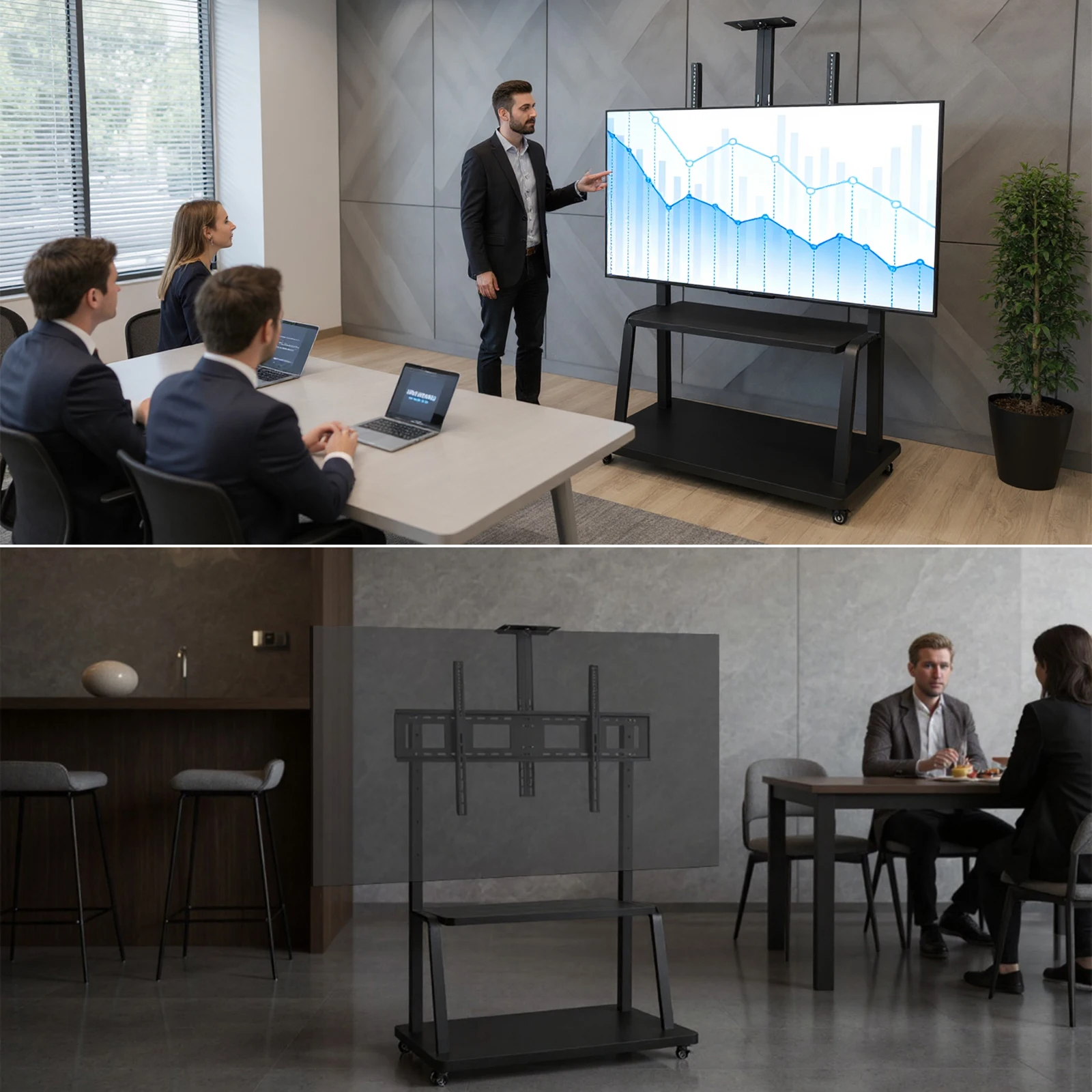 

Телевизионная стойка на колесиках с полкой для ноутбука для экранов от 50 до 200 дюймов, передвижной кронштейн для ТВ, максимальная нагрузка до 300 кг, регулируемая высота