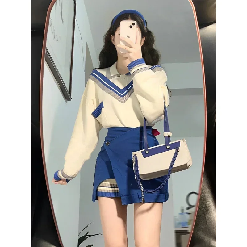 

Autumn Knitted Sweater And Skirt Set Irregular College Style Women's plus Size Fashion Anti-Aging Two-Piece Ensemble
