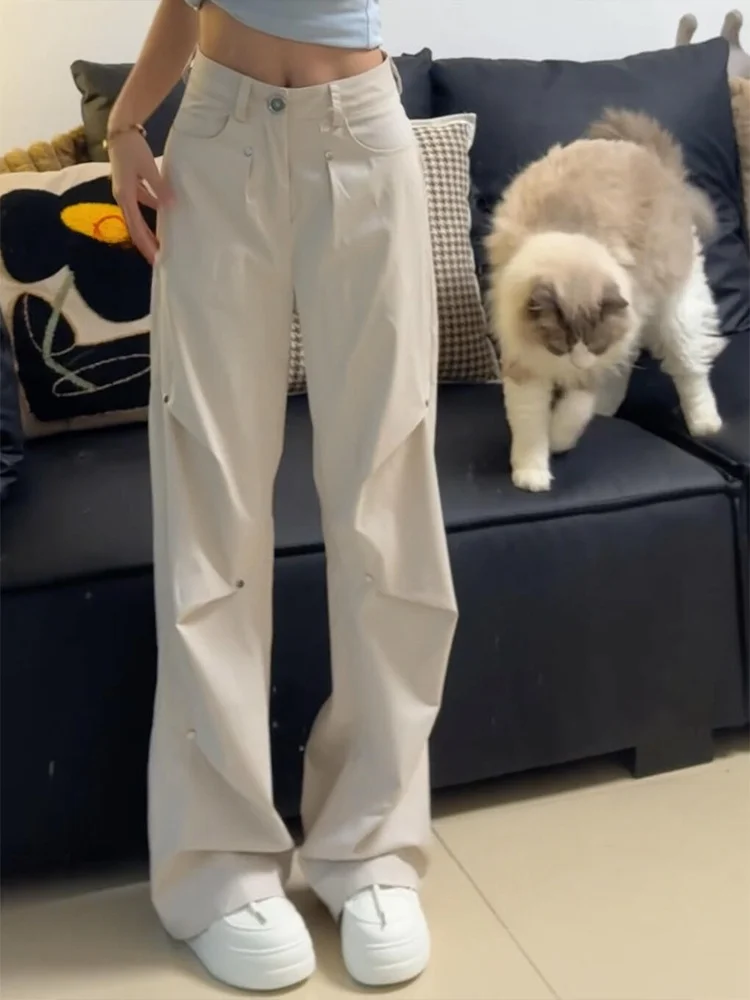 

Брюки в американском стиле с белыми заклепками, женские, летние, 2024, новый дизайн, свободные, прямые, повседневные, в уличном стиле, с высокой талией