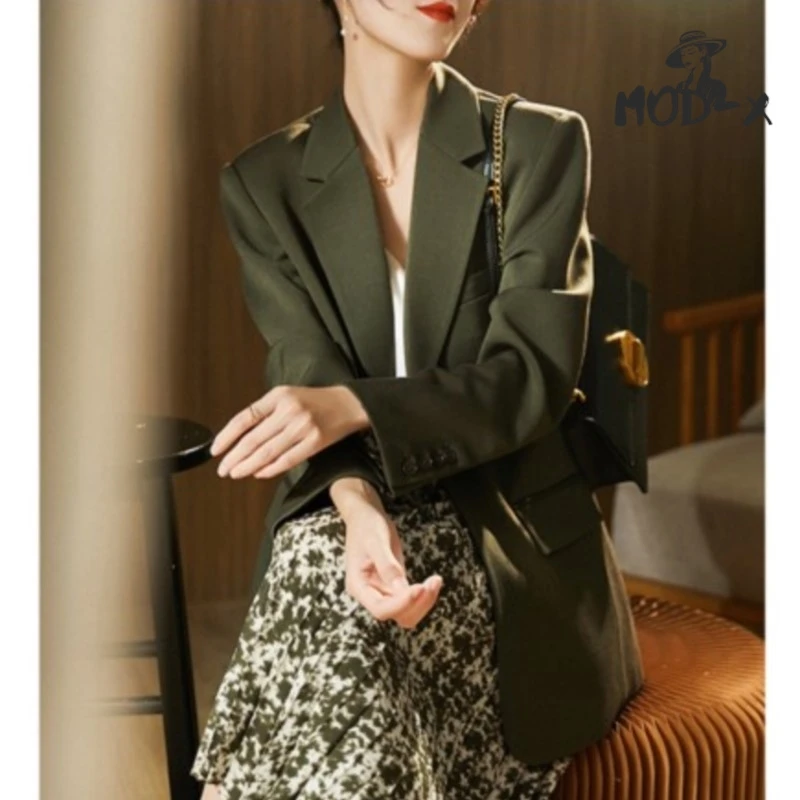 

Dark Green Retro Style Suit Jacket for Women Printed Temperament Vintage Senior Everything Spring Summer New Suit 2022