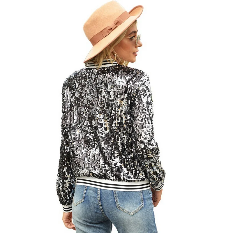 Women Sequin Jacket Casual Loose Coat Elegant Shiny Open Front Zipper Black Red Baseball Jacket Outwear Tops 2023 Spring New