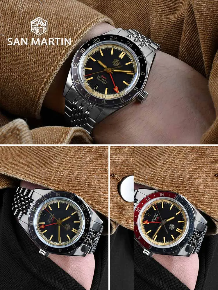 San Martin ใหม่ Vintage Distressed กรอบอลูมิเนียม NH34 GMT อัตโนมัติ Retro นาฬิกาผู้ชาย Sapphire กันน้ํา 100 m SN0116