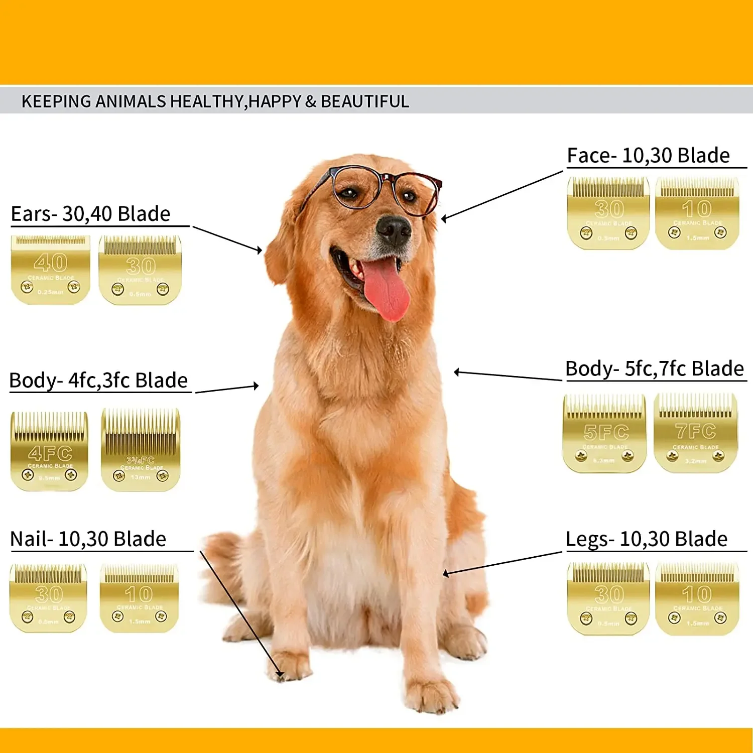 

7FC/5FC/4FC/3 3/4FC Detachable Pet Dog Grooming Clipper Ceramic Blades For Andis,Oster A5,Wahl KM10 Series Clippers,Gold