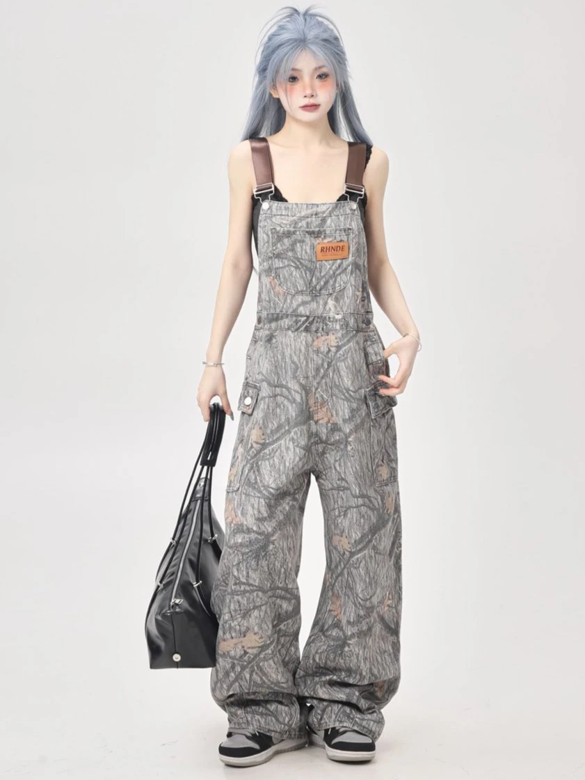 

Spring and Autumn New Women's Denim Strap Pants Printed High Waist Commuter Jumpsuit