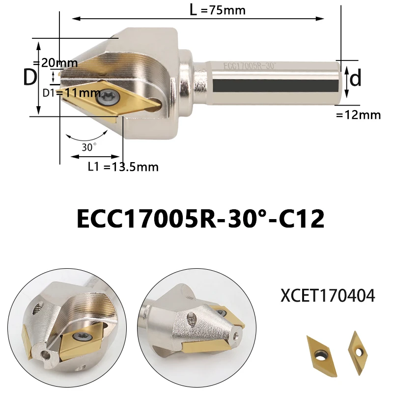 ECC17005R ECC31005R 30 45 60 Degree Chamfering Milling Tool ECC Long Edge Chamfering Cutter Carbide Insert XCET170402 XCET310404