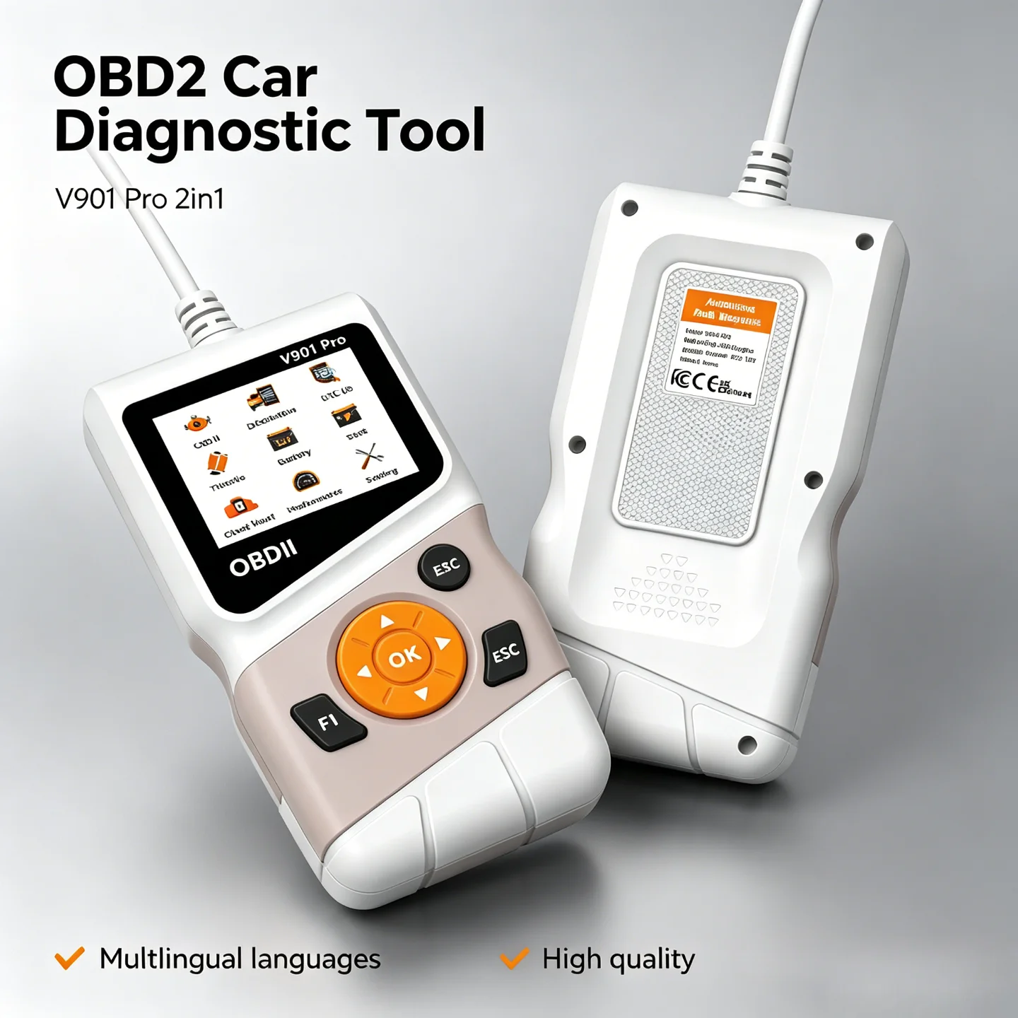 Upgraded V901 Pro OBD2 Diagnostic Scanner, Integrated 12V Car Battery Tester, 2 in 1 Auto Tool for DTC Reading/Clearing & Carbon