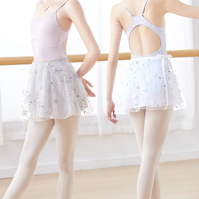 

Балетная юбка с запахом для взрослых и женщин, вышитая шифоновая тюлевая двухслойная юбка-пачка для танцевальной практики с завязками по бокам