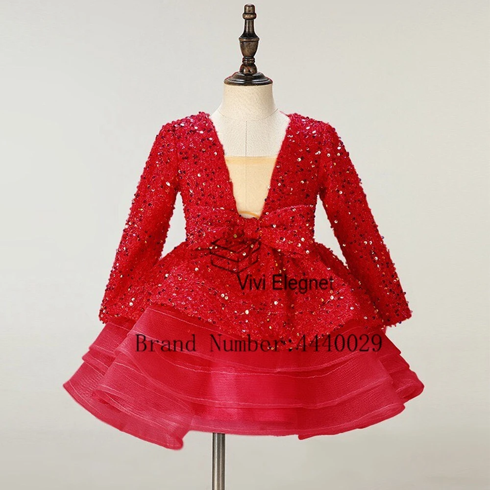 Exquisite Red Flower Girls Dresses for Kids 2024 V Neck Full Sleeve Christmas Gowns with Sequined Summer New فلور فتاة اللباس