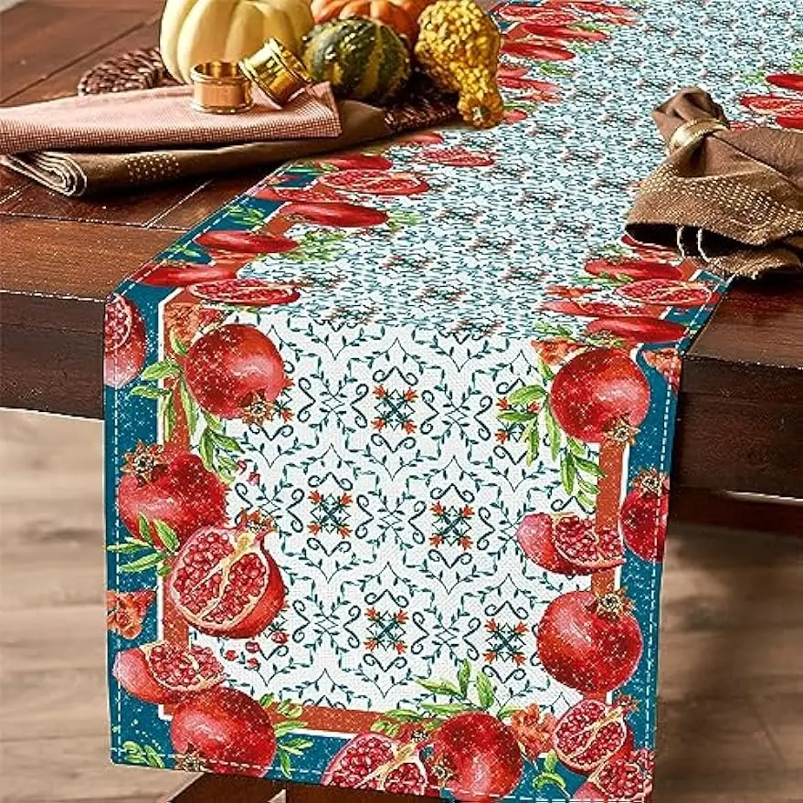 Sukkot Red Pomegranate Lemon Vintage Linen Table Runner Kitchen Restaurant Decoration Home Dinner Party Decoration Table Runner