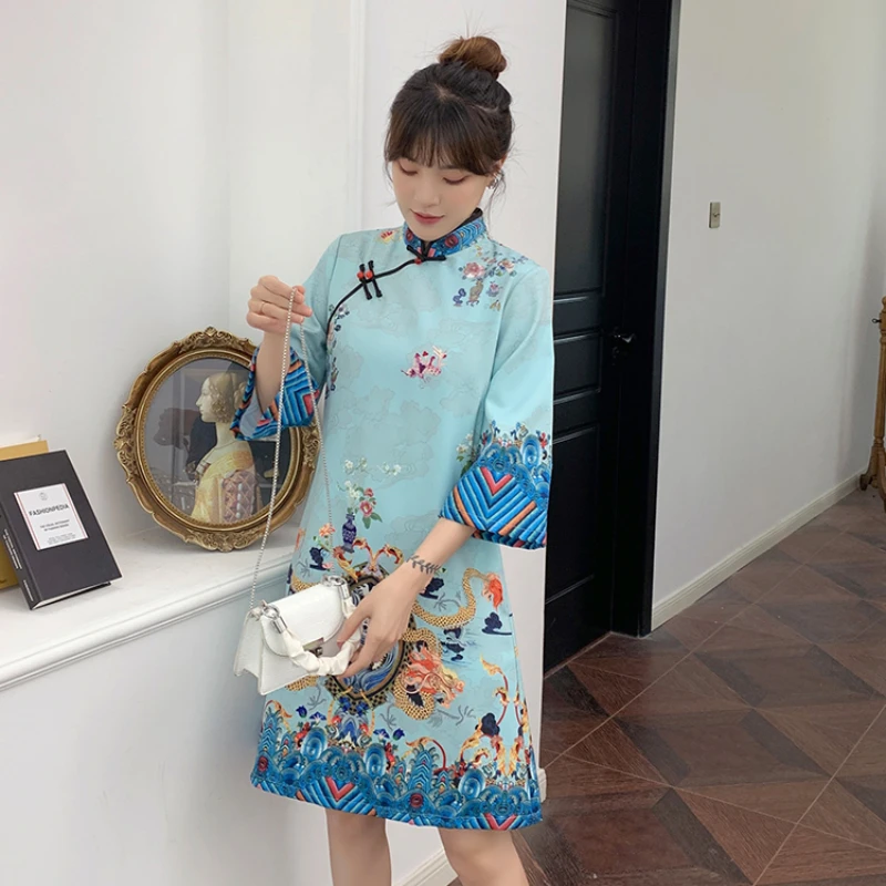 Red Blue Loose 2024 New Fashion Modern Chinese Cheongsam A-line Dress Women 3/4 Sleeve Qipao Traditional Chinese Clothes