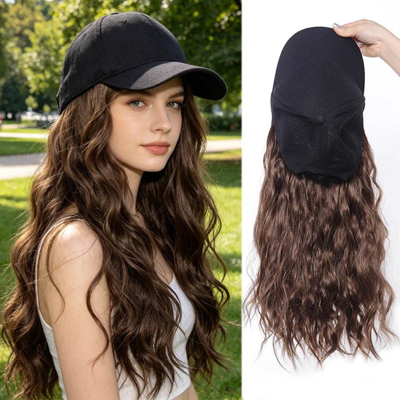 Synthetic Curly Wig with Black Baseball Cap, High Temperature Fiber Hair Wig for Women, Daily Outdoor Beach Hairpiece