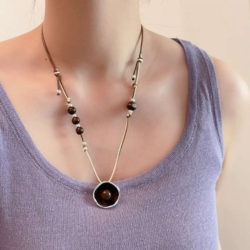 Double Layer Imitation Pearl Pendant Necklace with Adjustable Rope Chain