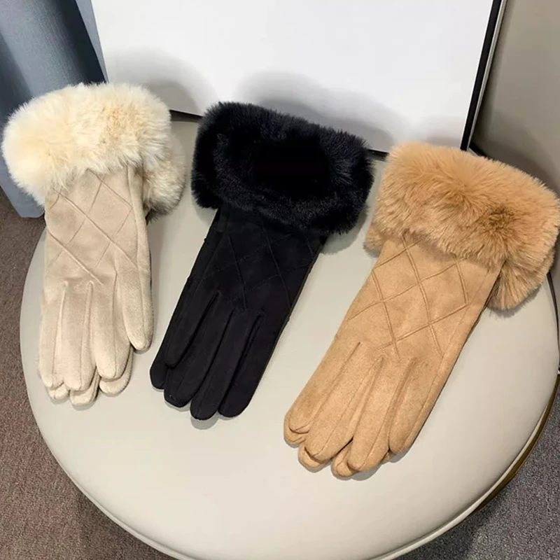 Retro Suede Winter Fleece-lined Gloves Plaid Keep Warm Touch Screen Gloves Plush Windproof Women Cycling Mittens Outdoor