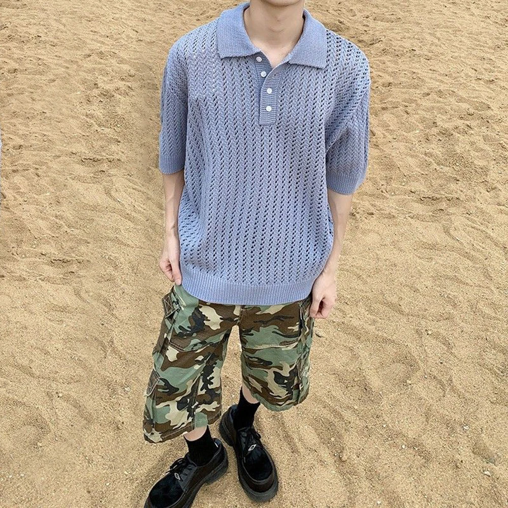 Sweater pria Hollow kasual Polo Sweater musim panas Streetwear Fashion pemuda kampus atasan lengan pendek uang tua pakaian pria 2025 baru