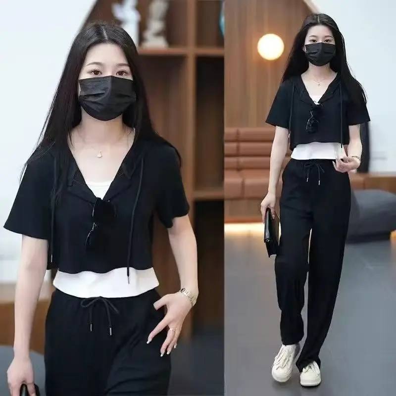 Fashion Sports Suit Women's New Summer Outfit Thin Short Sleeved Solid Color Wide Leg Pants Age Reducing Three Piece Set