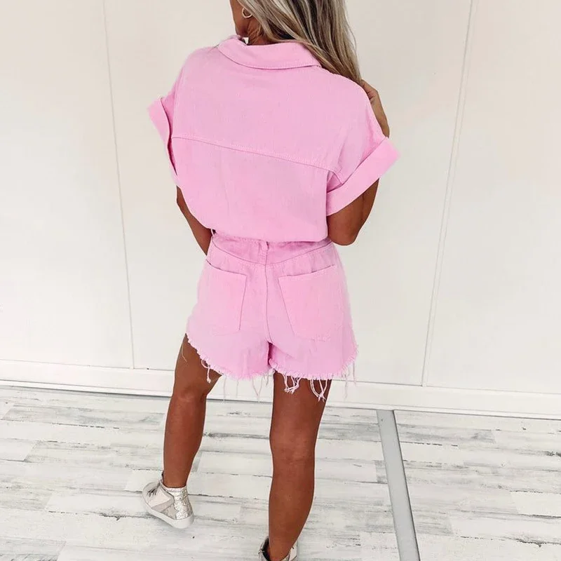 Women Fashion Lapel Collar Denim Shorts Jumpsuit Casual Short Sleeve Pocket Solid Romper Elegant Button Elastic Waist Playsuits