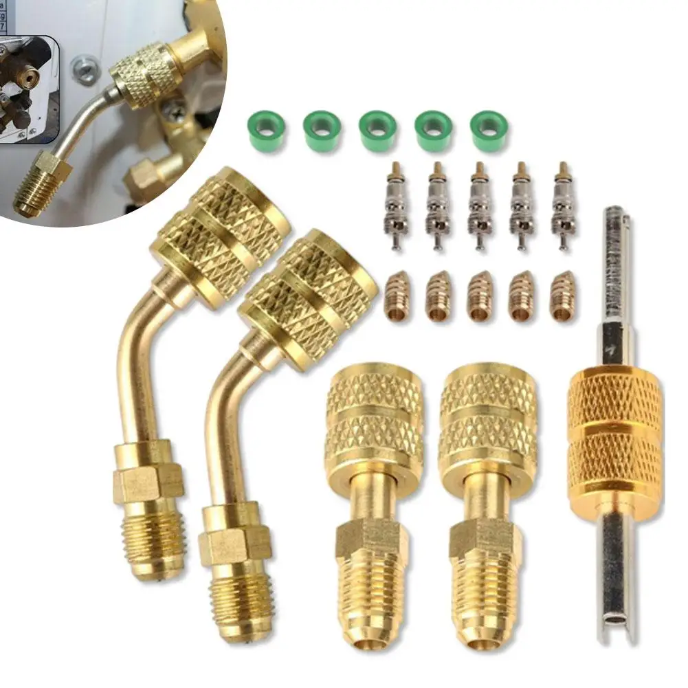 Adattatore per refrigerante di qualità premium Adattatore per rimozione adattatore da 45 gradi Nucleo R410A Adattatore per strumenti HVAC per strumento più recente Ottone La maggior parte delle valvole O9T1