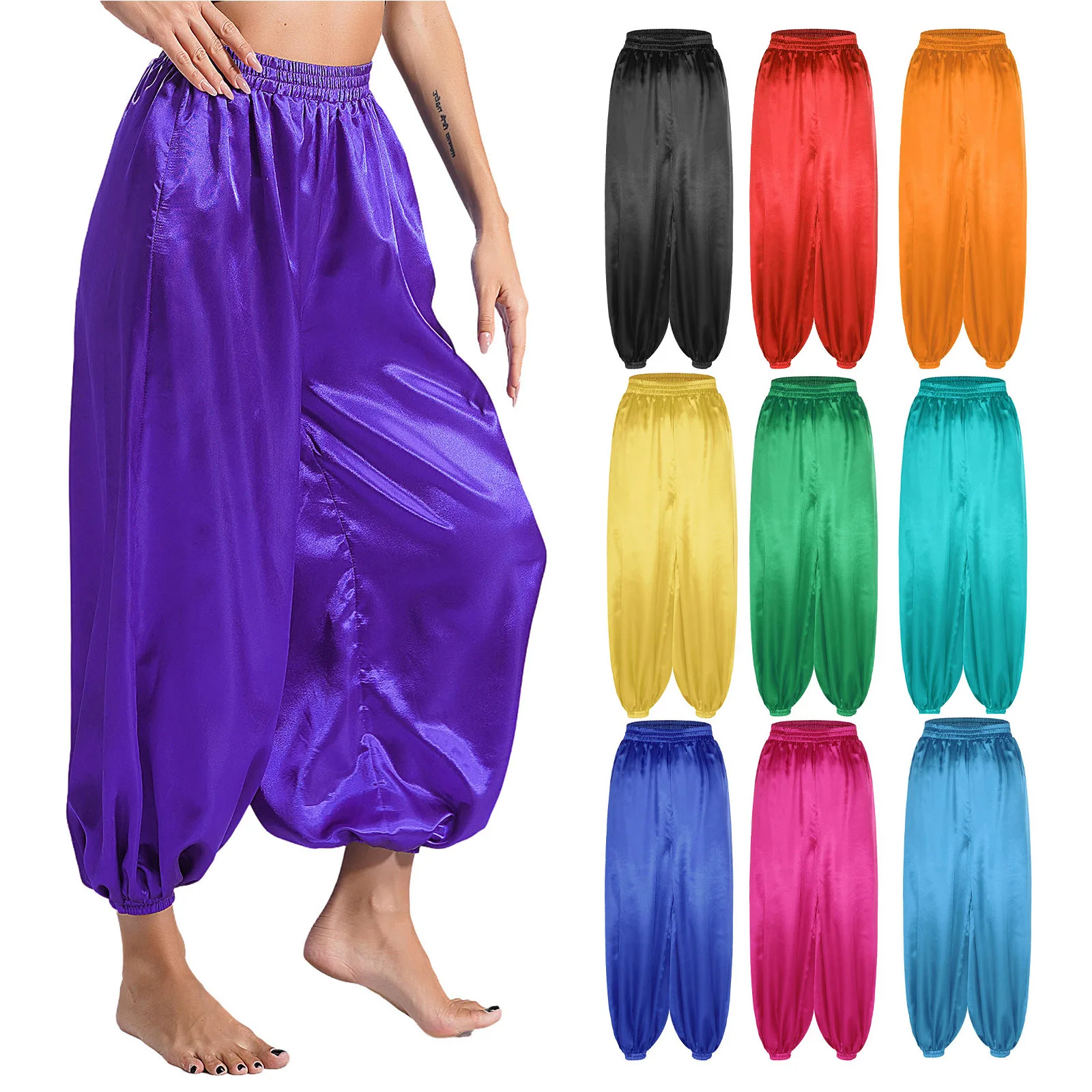 Womens Belly Dance Bloomers Pants Casual Loose Solid Color Elastic Waistband Satin Pants for Ballerina Costume Halloween Party