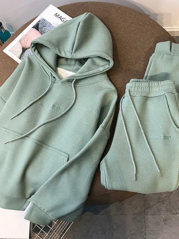 Autumn Winter New Suit Thickened Big Velvet Pullover Hooded Women\'s Sports and Leisure Two-piece Trousers