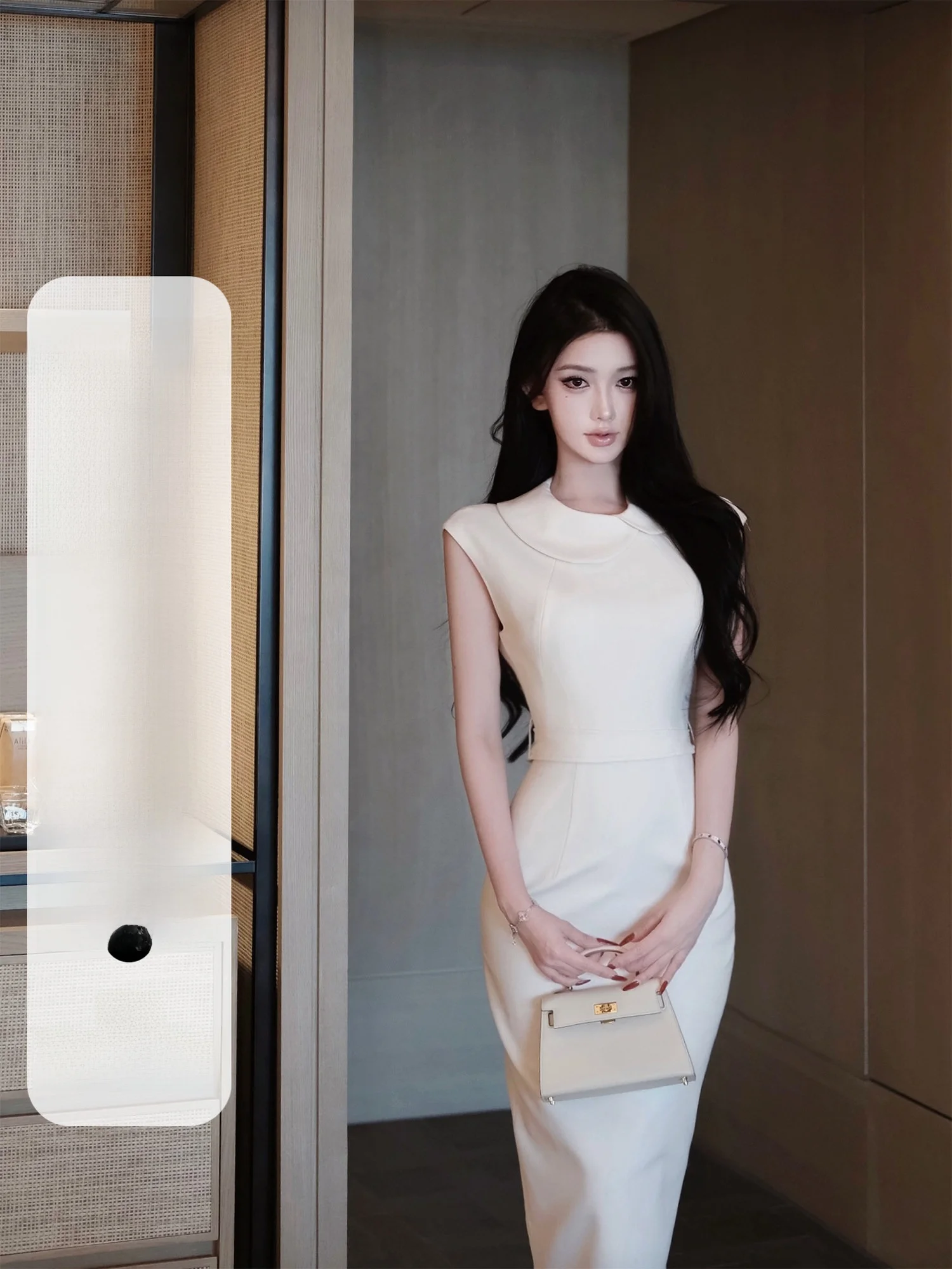 

Winny Miss Doll Collar Long Dress Women's Waist Cinched Slimming Midi Skirt Casual Style No Brand Polyester Fiber