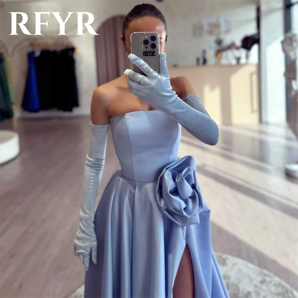 RFYR Sky Blue Prom Dress Strapless A-Line Evening Dresses Luxury Off The Shoulder Party Dress with Pleats Satin Robe De Soirée