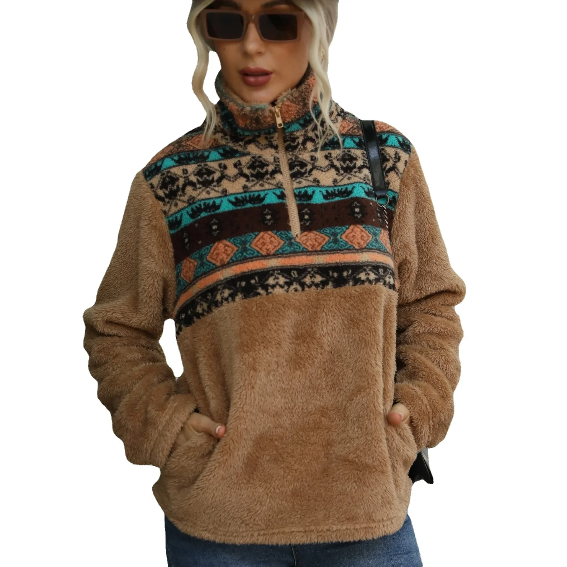 

plush long sleeved loose fitting pullover with printed standing collar pocket and semi zippered sweater for women