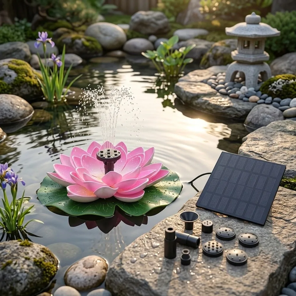 Solar Powered Lotus Fountain Outdoor Garden Water Decor Landscape Ornament Replacement Backyard Pond Decoration Self-supply