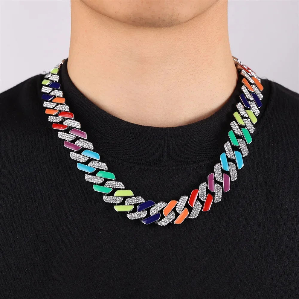 

Hip Hop 19MM Colorful Iced Out Dripping Oil Cuban Prong Chain Paved Rhinestones CZ Bling Necklaces For Men Women Rapper Jewelry