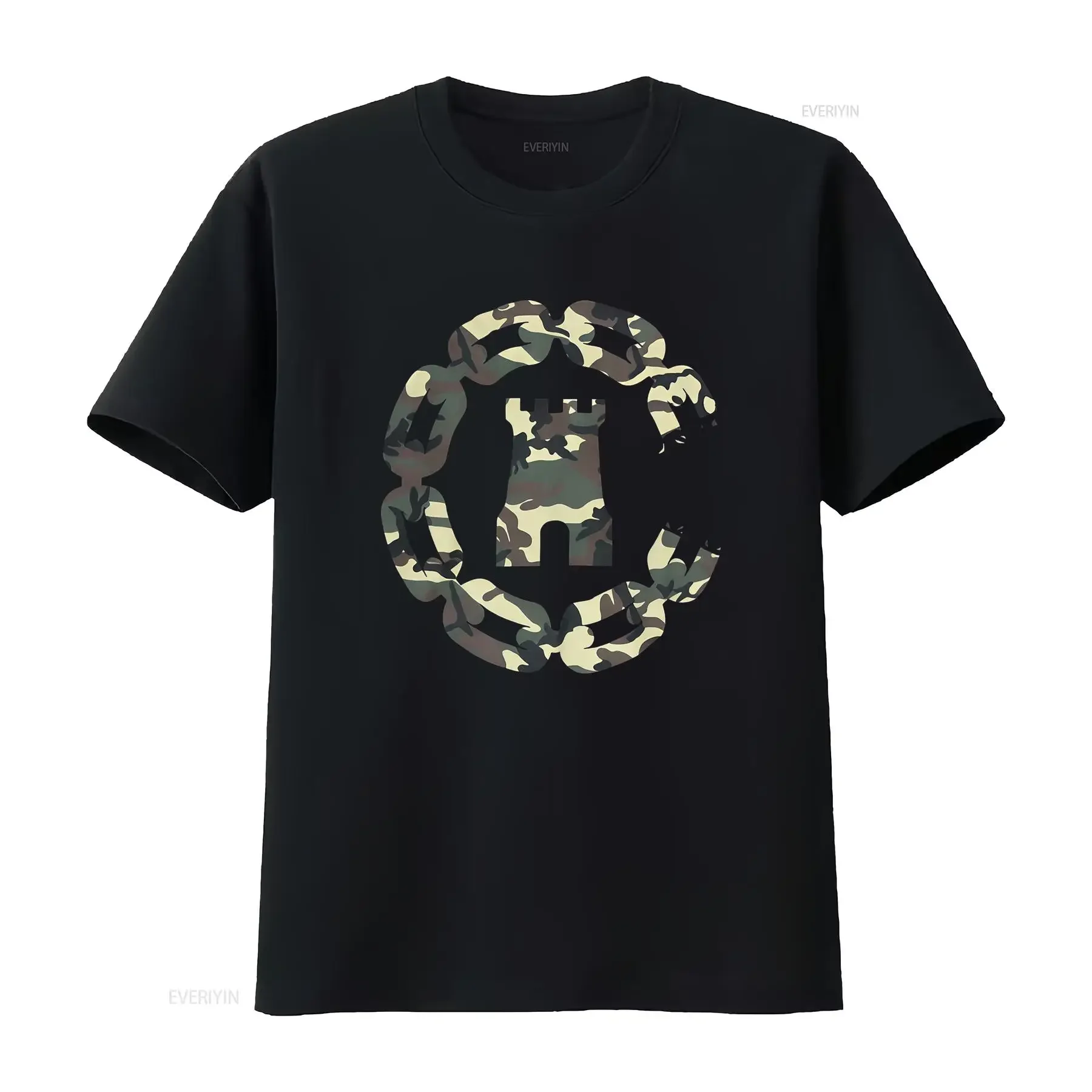 Streetwear Military Camo Castle Chain Wreath Print Casual T Shirt vintage Washed Comfortable streetwear Versatile