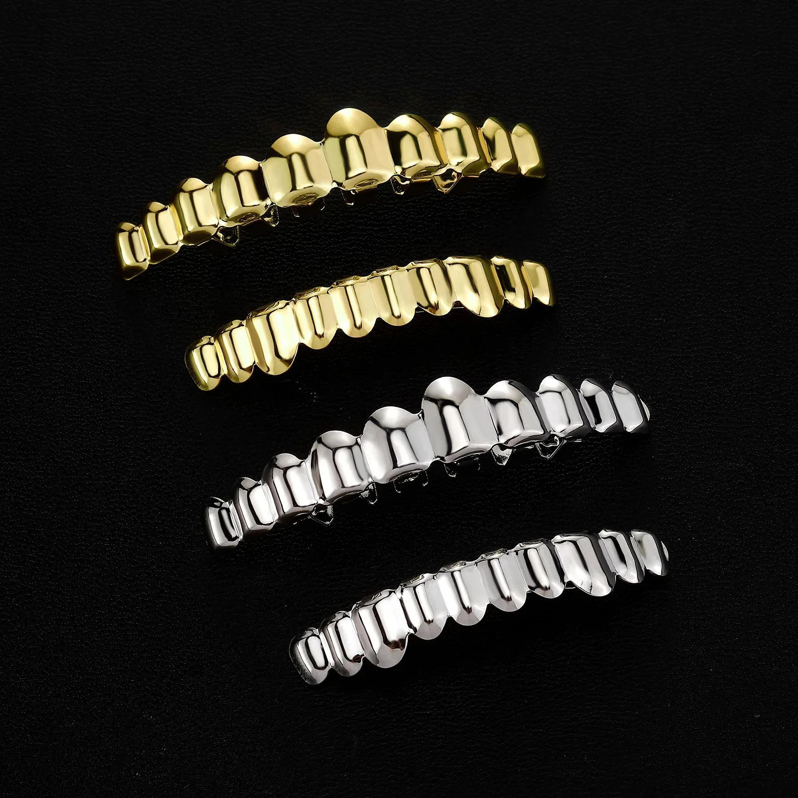 Gold Color Hip Hop Grillz Set No Stone Solid Mirror Top Bottom 10 Teeth Grills Shiny Punk Rapper Christmas Jewelry Men Women view 5