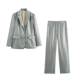 Taop&Za 2024 Summer New Product Women's Fashion Casual Metal Bright Face Suit Coat Mid Waist Straight Leg Pants Set